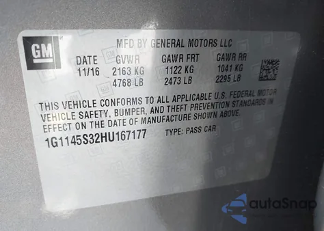 2017 Chevrolet Impala 2Lz из США, поврежденный, VIN 1G1145S32HU167177